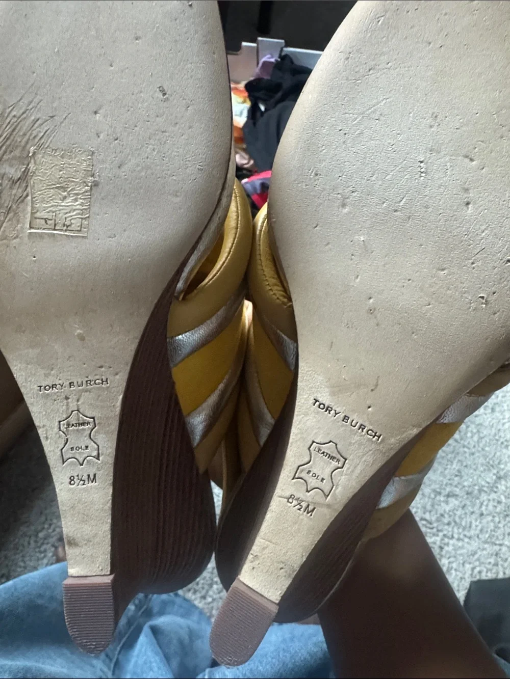 ToryBurch Yellow Suede wedge with Metallic Silver Accent